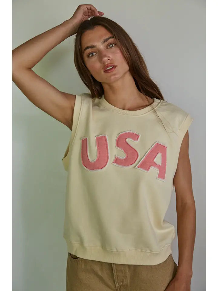 Cream Knit Cotton Vest Top with USA Patch Work