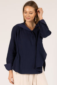 Navy Gauze Hooded Top