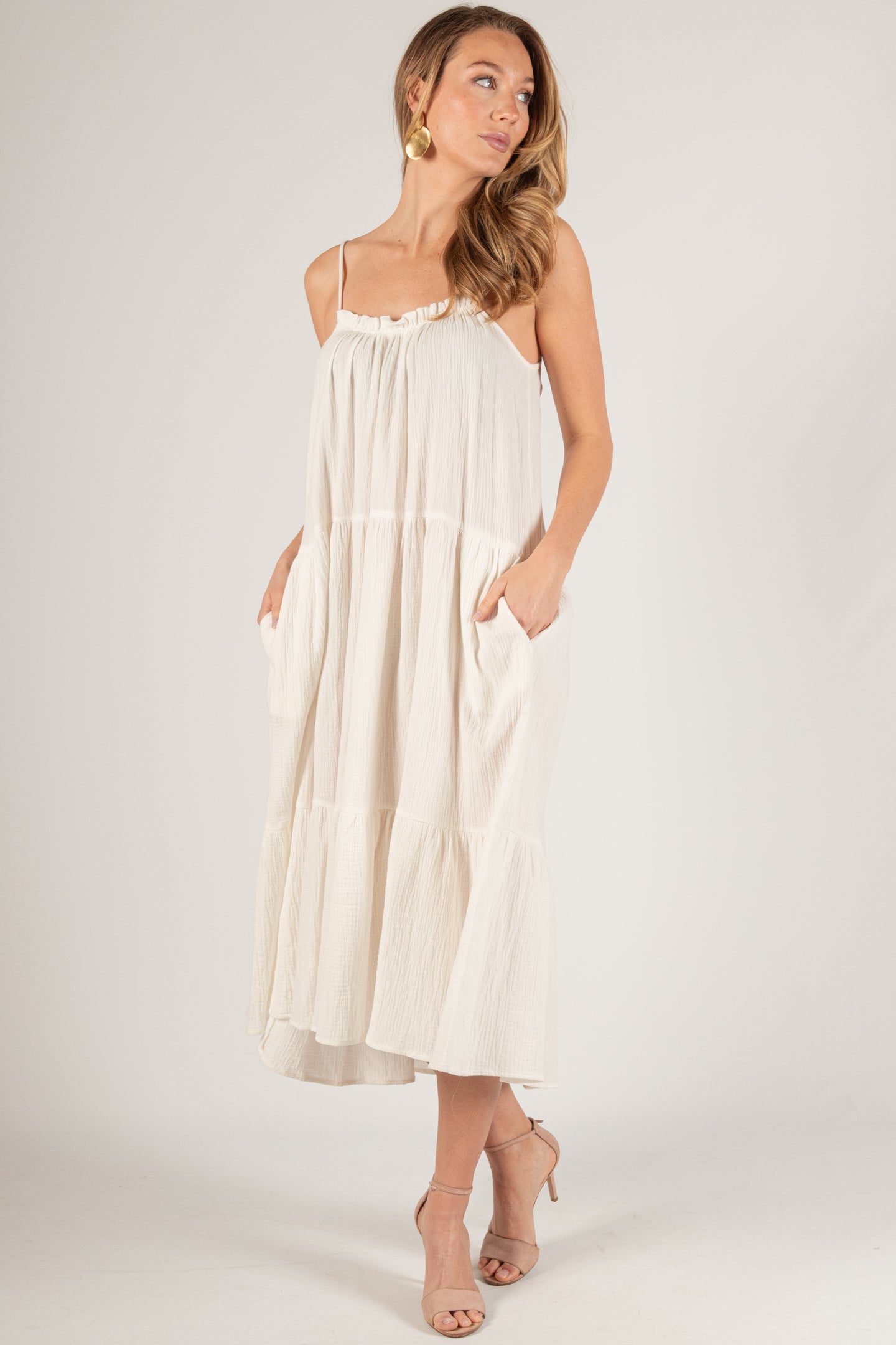 Off White Gauze Strappy Tiered Maxi