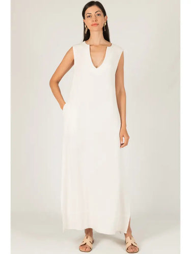 Ivory Sleeveless Linen Maxi Dress w/ Side Slits