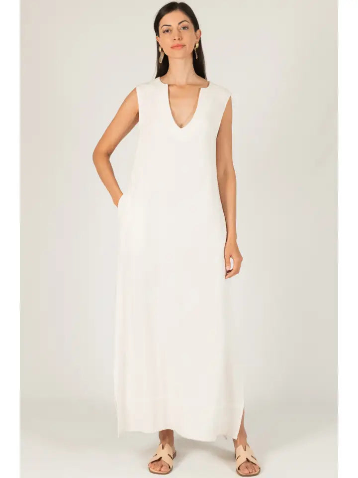Ivory Sleeveless Linen Maxi Dress w/ Side Slits