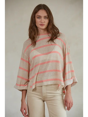 Pink Striped Hacci Crew Neck Long Sleeve Top