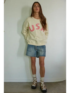 Cream Knit Cotton Pullover Top with USA Patch Work