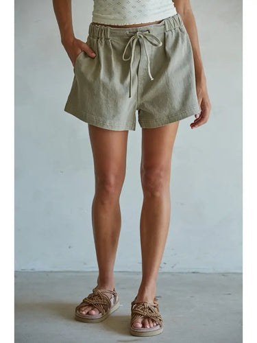 Olive Woven Denim Washed Cotton Relax Fit Shorts