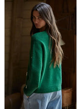 Load image into Gallery viewer, Green Knit Sweater Ribbed Flower Embroidery Pullover Top