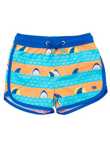 Boys Neon Sharks & Stripes Dolphin Hem Swim Trunks