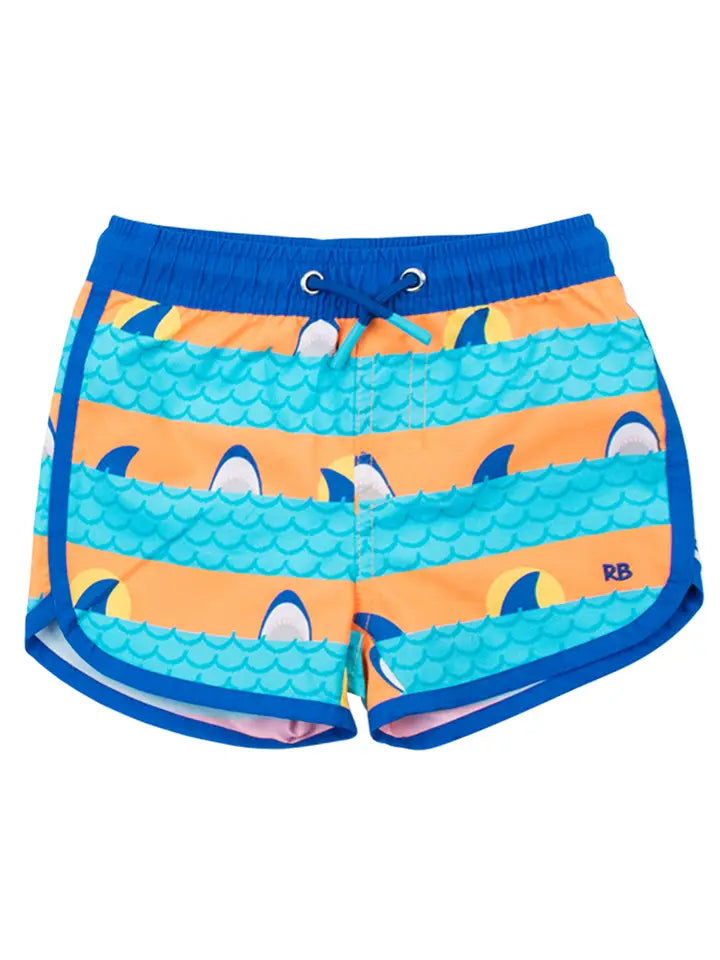 Boys Neon Sharks & Stripes Dolphin Hem Swim Trunks