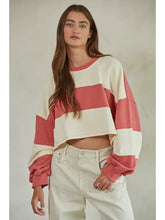 Load image into Gallery viewer, Red Ivory Knit Cotton Striped Cropped Pullover Top