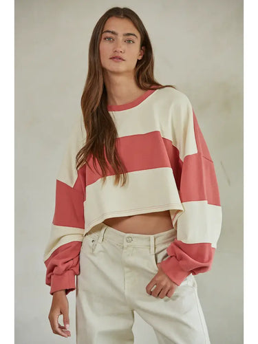 Red Ivory Knit Cotton Striped Cropped Pullover Top