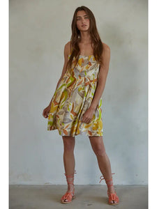 Mustard Woven Rayon Nylon Floral Print Flare Mini Dress