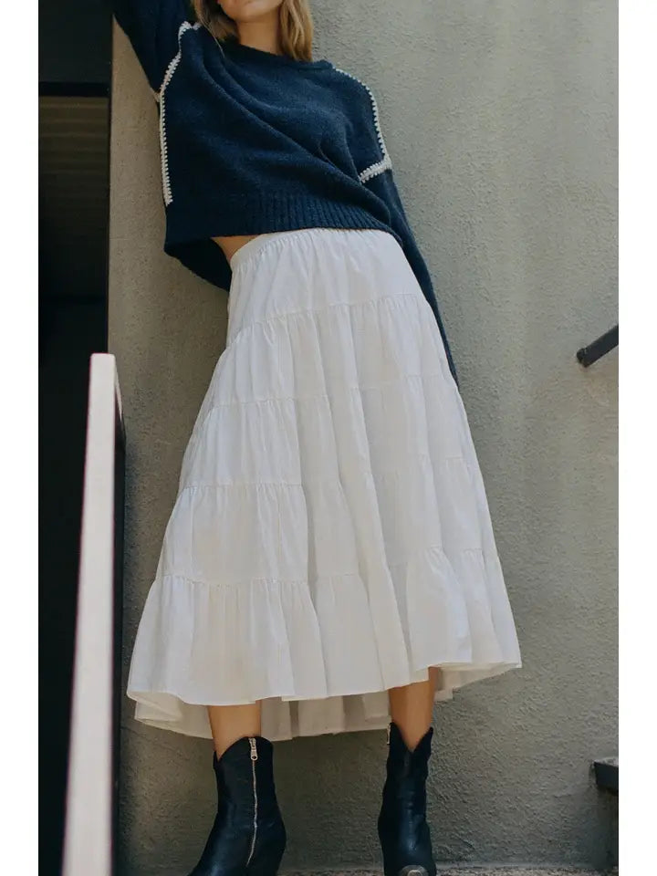 Woven Cotton Flare Ruffled Midi Skirt
