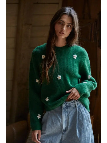 Green Knit Sweater Ribbed Flower Embroidery Pullover Top