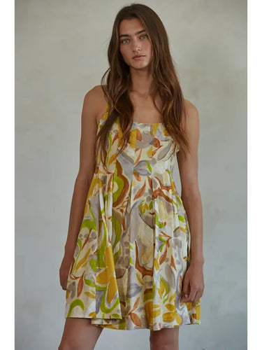 Mustard Woven Rayon Nylon Floral Print Flare Mini Dress